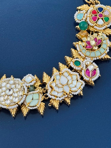 Ahmedabadi Kundan Fusion Necklace Set | Semi-Precious Stones | Brass Base | Gold Plated | Silver Foil | Free Shipping | Ships from California